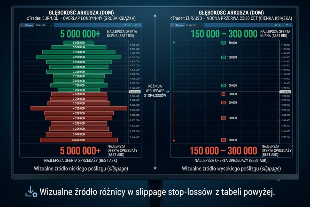 Porównanie głębokości arkusza zleceń DOM cTrader EUR/USD — overlap Londyn–NY (gruba książka, 5+ mln na best bid/ask) vs nocna przerwa 22:30 CET (cienka książka, 150–300 tys. na best bid/ask) — wizualne źródło różnicy w slippage stop-lossów z tabeli powyżej